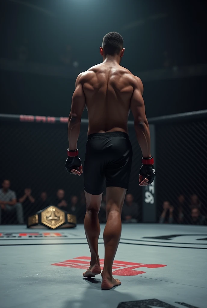 Create an image of a black ufc fighter entering an octagon, walking towards Israel adesanya He is slim light weight, not big. Only show his back. Dark environment. Put the UFC belt on the ground