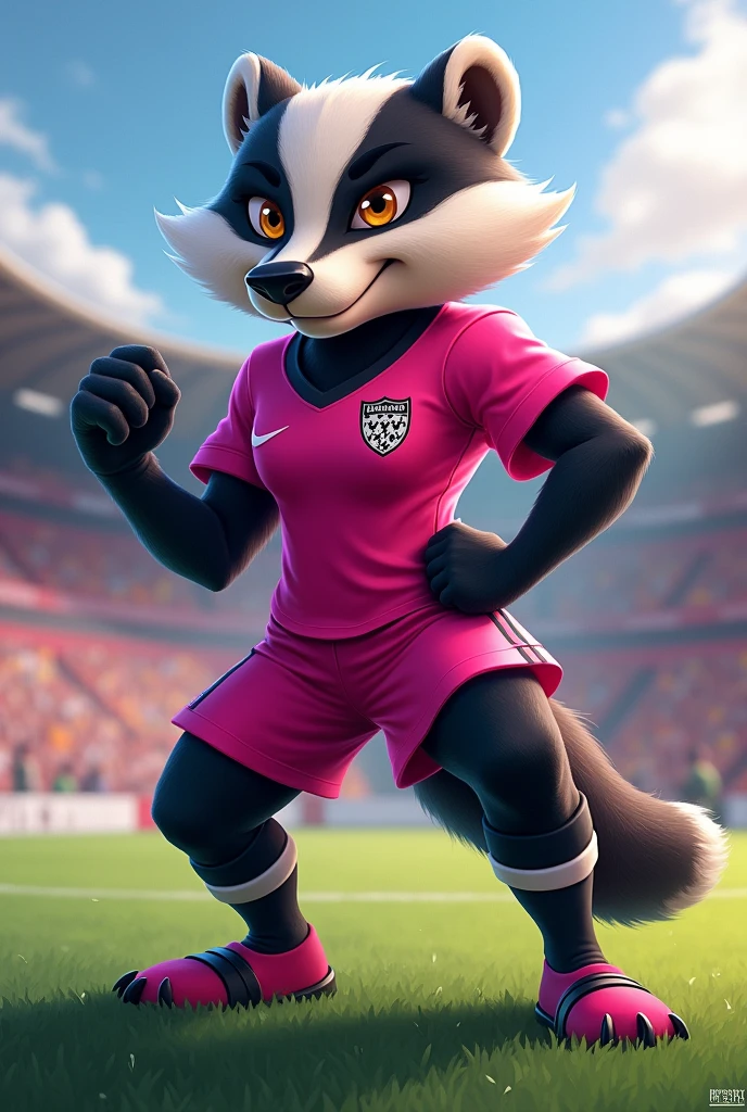 Create a Women's Soccer Team Mascot, animal is a female badger with a pink shirt.