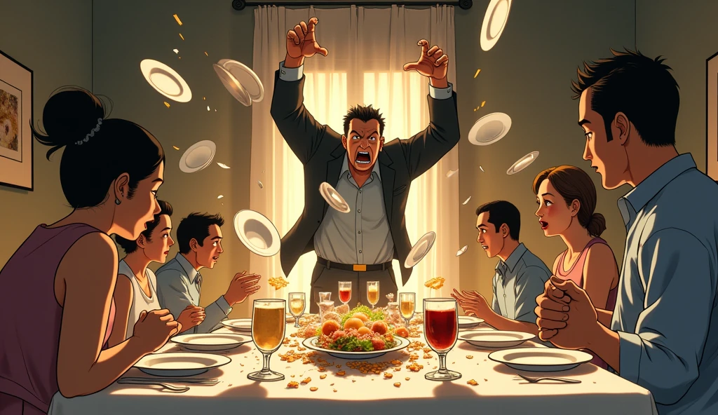 Create a dramatic Studio Ghibli-style scene at a dinner table. One of the husbands, standing with an expression of intense rage, is in the middle of smashing plates and glasses with his hands. The motion of the breaking objects is dynamic, with pieces of plates and shards of glass scattering across the table. The family, including his wife, are seated around the table, reacting with shock and fear. The lighting is soft and cinematic, creating a contrast between the warm, cozy setting of the dinner and the sudden outburst of anger. The scene should be richly detailed with the typical soft, glowing colors of Studio Ghibli, while the environment still maintains a sense of homeliness despite the chaos.