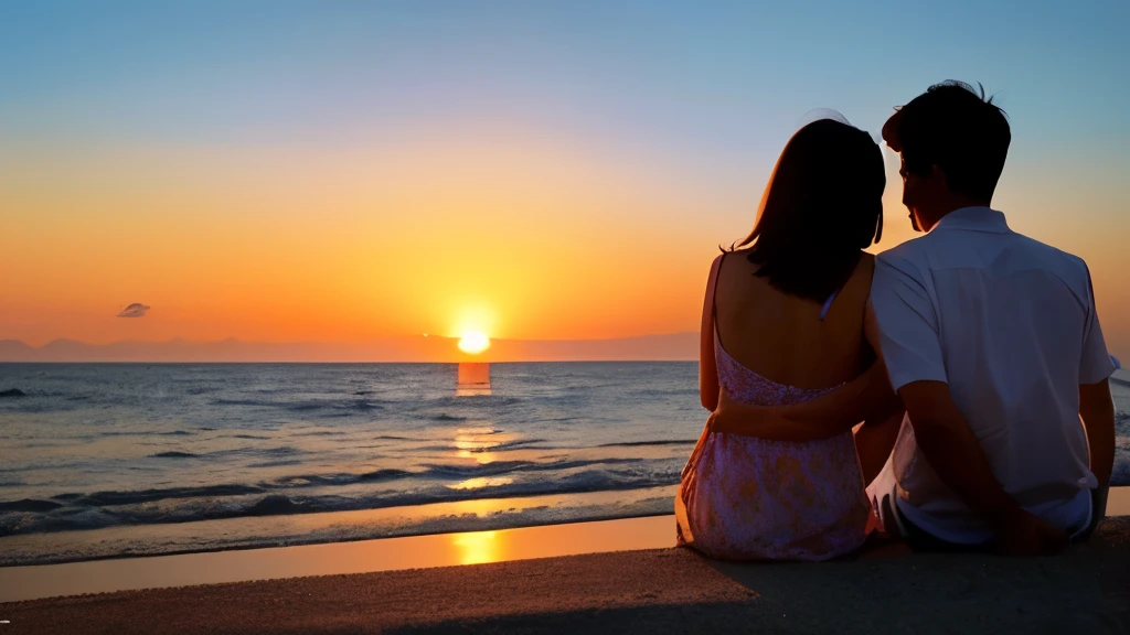 Man and woman couple、sunset、Seaside、back、A woman rests her head on a man、Two people watching the sunset