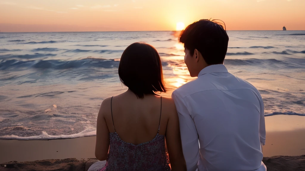 Man and woman couple、sunset、Seaside、back、A woman rests her head on a man、Two people watching the sunset