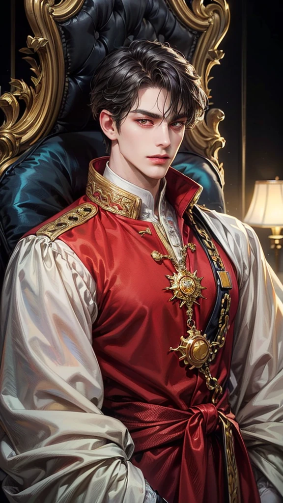 {(best quality, 8k, masterpiece, HDR, soft lighting, perfect image, digital illustration, manhwa art, hyper detailed image, perfect lines, realistic)} 1 very handsome man, short black hair with bangs, bright red eyes, clothes luxurious, black king clothing, regal, (imposing posture, smirking expression), {(black background with golden sparkles)}