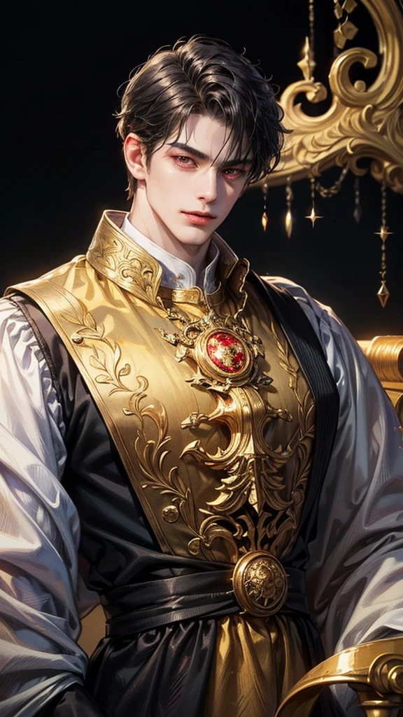{(best quality, 8k, masterpiece, HDR, soft lighting, perfect image, digital illustration, manhwa art, hyper detailed image, perfect lines, realistic)} 1 very handsome man, short black hair with bangs, bright red eyes, clothes luxurious, black king clothing, regal, (imposing posture, smirking expression), {(black background with golden sparkles)}