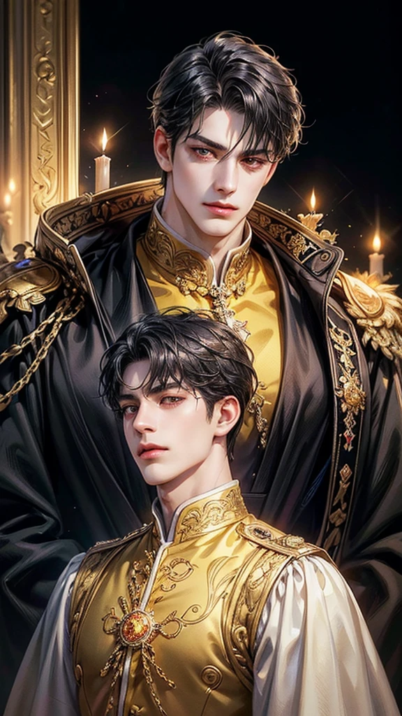 {(best quality, 8k, masterpiece, HDR, soft lighting, perfect image, digital illustration, manhwa art, hyper detailed image, perfect lines, realistic)} 1 very handsome man, short black hair with bangs, bright red eyes, clothes luxurious, black king clothing, regal, (imposing posture, smirking expression), {(black background with golden sparkles)}
