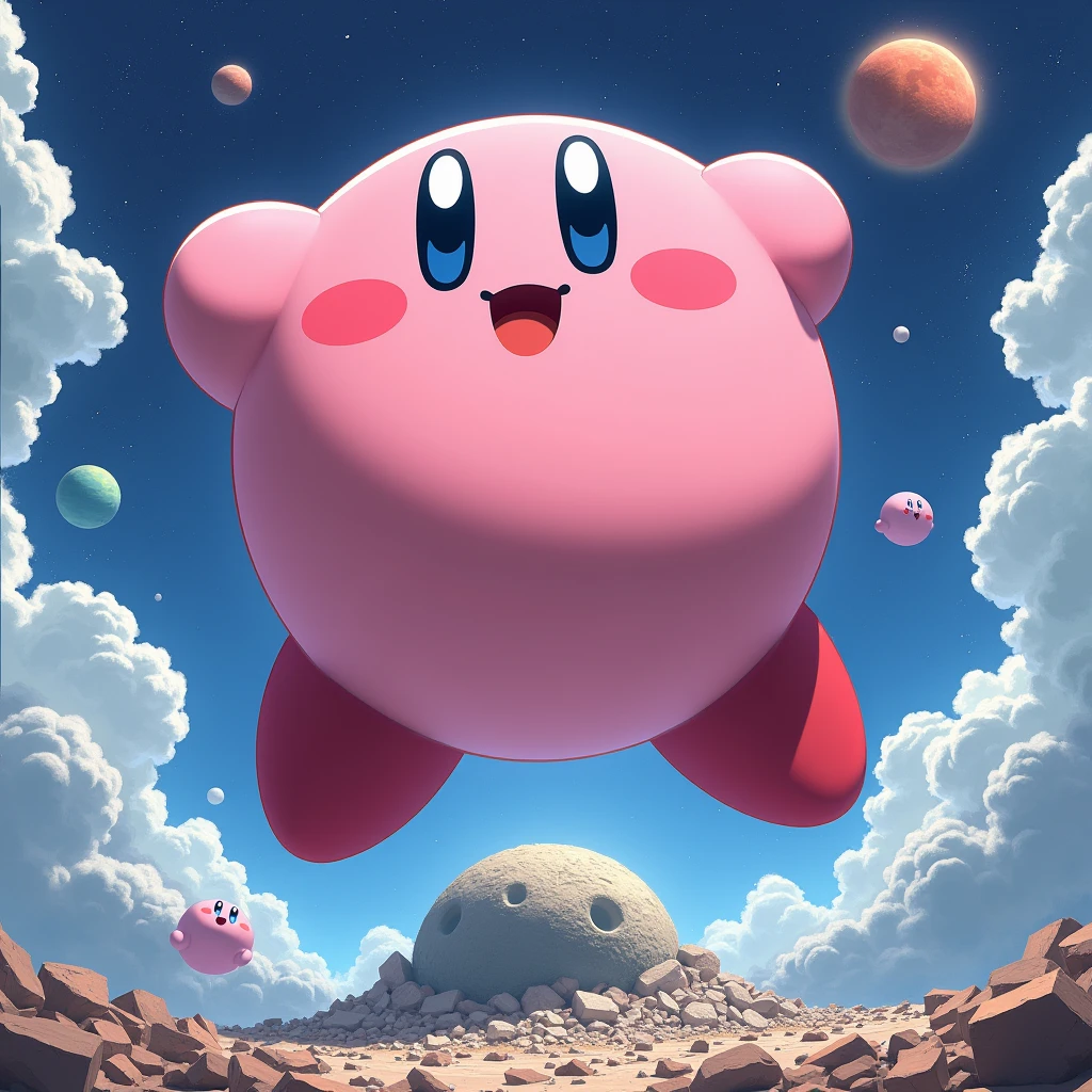 huge星之卡比、masterpiece、best quality、huge、huge星之卡比的脚、Smile、Round pink body、Lovely、Anime Illustrations、一个太阳系中的月球在脚下被huge星之卡比摧毁、Low Angle、Walk、A looming、I can see my feet、Draw a Kirby with great fanfare、huge星之卡比、huge卡比、Destroyed Earth、Destroyed Mars、Kirby is floating above the moon in the solar system in the universe、Destructive illustration