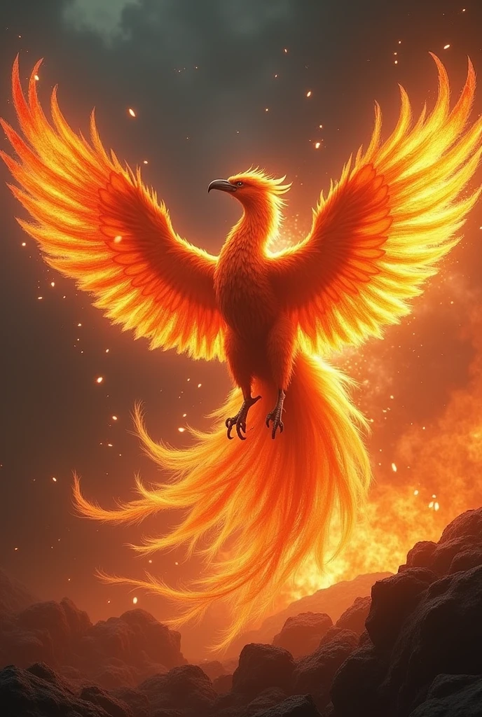 a majestic phoenix, fiery bird with wings outstretched, mythical creature, intricate feathers, glowing embers, phoenix rising from the ashes, dramatic lighting, vibrant colors, (best quality,4k,8k,highres,masterpiece:1.2),ultra-detailed,dramatic composition,cinematic lighting,volumetric lighting,dramatic shadows,fantasy art,digital painting,vibrant colors,warm color palette