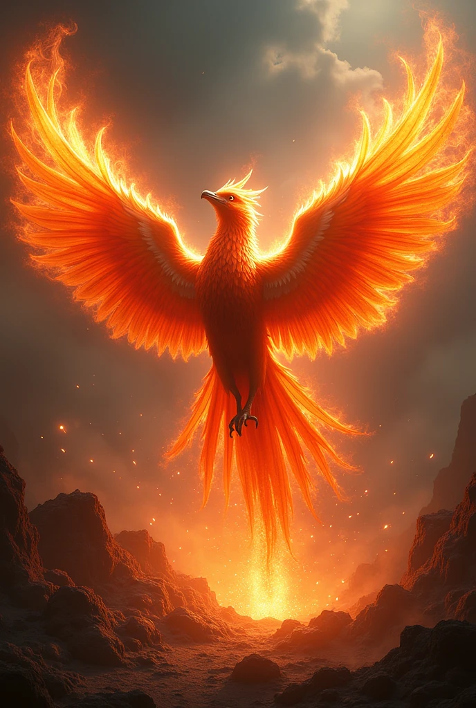 a majestic phoenix, fiery bird with wings outstretched, mythical creature, intricate feathers, glowing embers, phoenix rising from the ashes, dramatic lighting, vibrant colors, (best quality,4k,8k,highres,masterpiece:1.2),ultra-detailed,dramatic composition,cinematic lighting,volumetric lighting,dramatic shadows,fantasy art,digital painting,vibrant colors,warm color palette