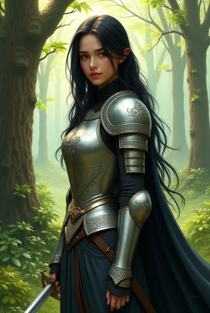 /imagine prompt: A digital painting of a young female warrior, wearing silver armor with intricate engravings, holding a sword. She is standing in a serene forest, surrounded by tall ancient trees and soft glowing light filtering through the leaves. The warrior has long black hair, a focused expression, and is in a relaxed stance. The forest background remains constant with a subtle green glow. Created Using: high-detail brushwork, Renaissance painting style, soft shadows, diffused lighting, warm color palette, realistic texture, detailed foliage, high-resolution render --ar 2:3 --v 6.0