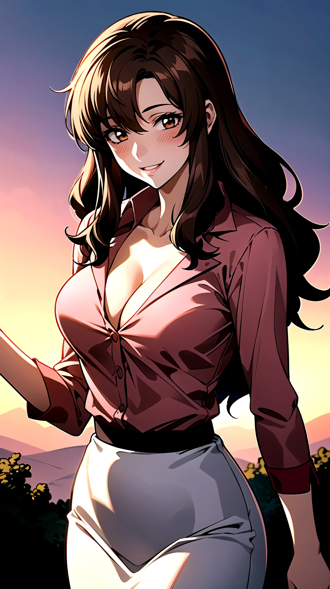 （（super high quality,Ultra-high resolution,16K,super masterpiece,Ultra HD ,Detailed shading,））On top of a hill lit by the setting sun,Sexy Mature,（（A pink shirt with a tight standing collar,Cleavage,））,Red pencil skirt,Looking into the camera,Brown medium long hair,A kind smile,blush,Thick lips,