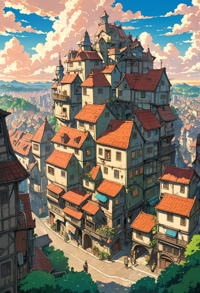 Studio Ghibli-style anime movies, Movie stills, Highest quality, masterpiece, Representative works, Official Art, Professional, Super intricate details, 8k, Fantasy,Morning City