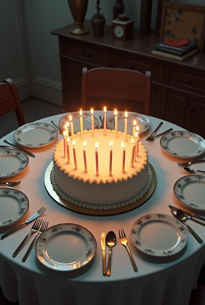 A melancholic painting focusing exclusively on a round white cake seen from above and decorated with twenty-one candles, on a large table with a white silk tablecloth and fancy plates and cutlery in the living room. It is a young man's twenty-first birthday.