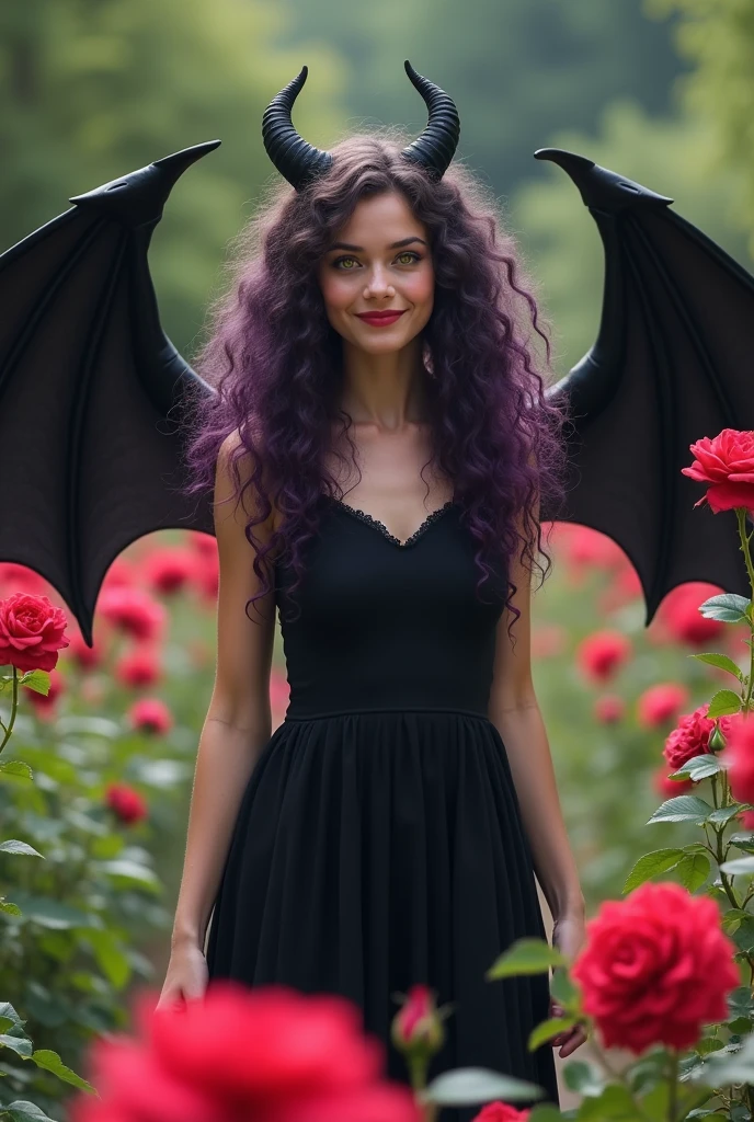 a photo: of a 2 woman, long dark purple curly hair with two tiny black horns surrounding a sweet face with bright yellow eyes filled with joy. From behind his back protrude two large black demon wings.. she wears a black dress. she walks in a rose garden 