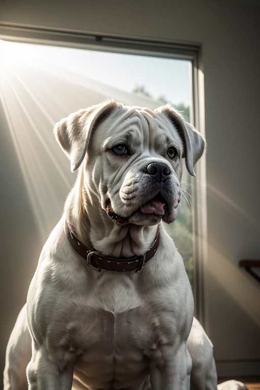 white boxer dog, grin, Minimalism, god rays, high quality, masterpiece