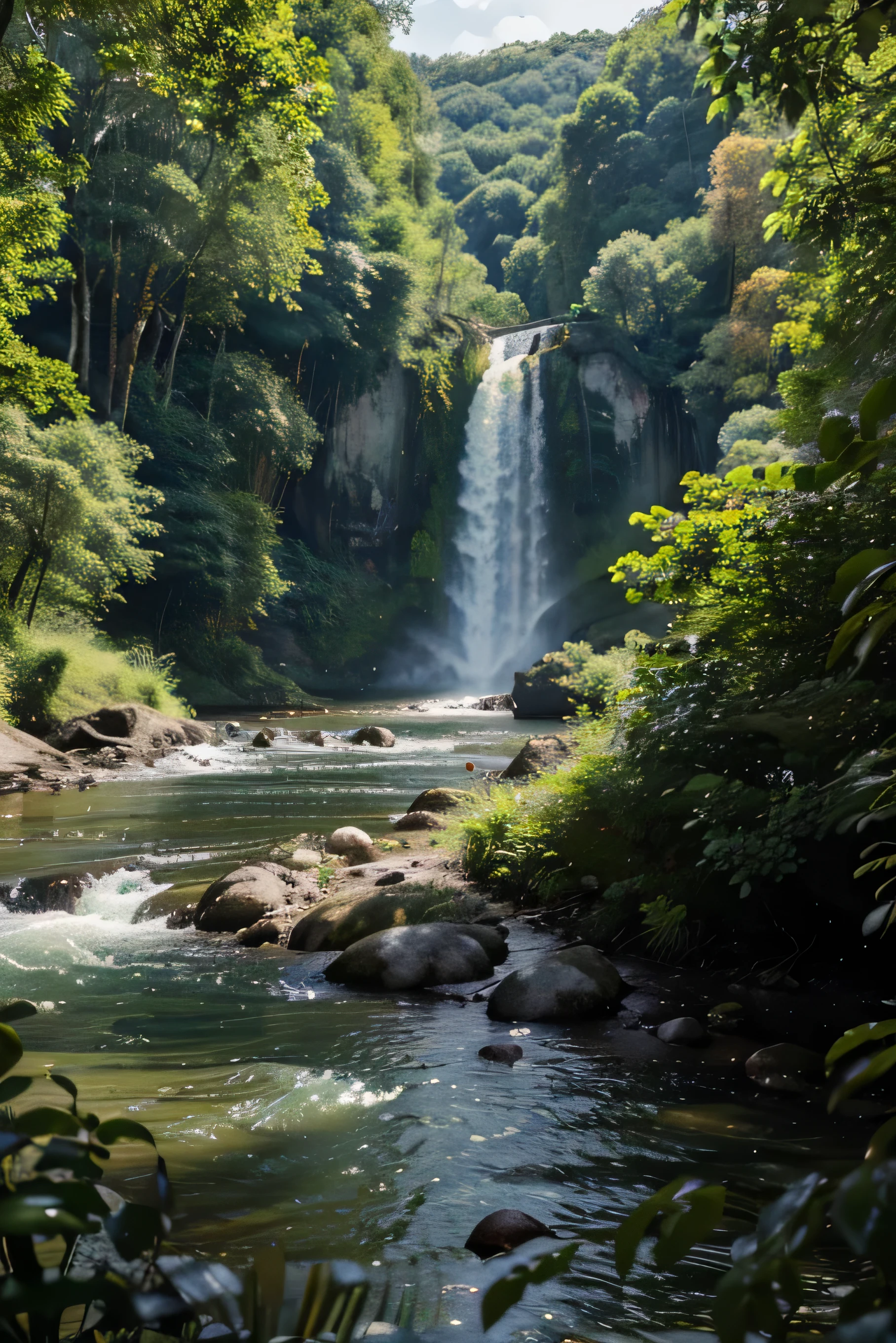 a scenic panoramic view of a lush green river, detailed foliage and riverbanks, serene tranquil atmosphere, vibrant colors, beautiful natural landscape, (best quality,8k,highres,masterpiece:1.2),ultra-detailed,(realistic,photorealistic,photo-realistic:1.37),landscape,natural scenery,flowing river,flourishing vegetation,lush greenery,detailed foliage,scenic overlook,peaceful ambiance,vibrant colors,dramatic lighting
