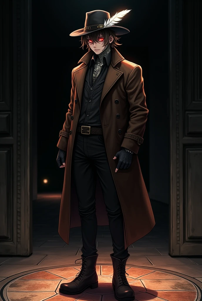 The image is anime style with shadows and dim lights, anime style although somewhat adult and dark, It shows a young 30-year-old man with scaly skin and some scars that reveal fire inside him.. He wears a dark brown trench coat, a worn black hat with a white feather on the side that looked ancient and black leather gloves. He has piercing crimson pupils., flaming. Wear leather boots. The background of the image is a black wall. The floor is made of a beautiful quartz