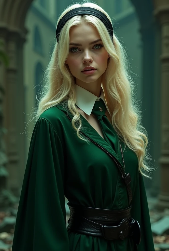 elle a une peau d'ivoire, des yeux verts émeraudes, un regard méchant, de longs cheveux blonds plates avec des boucles anglaises accessoirisé d'un serre tête noir, et elle porte un uniforme de serpentard