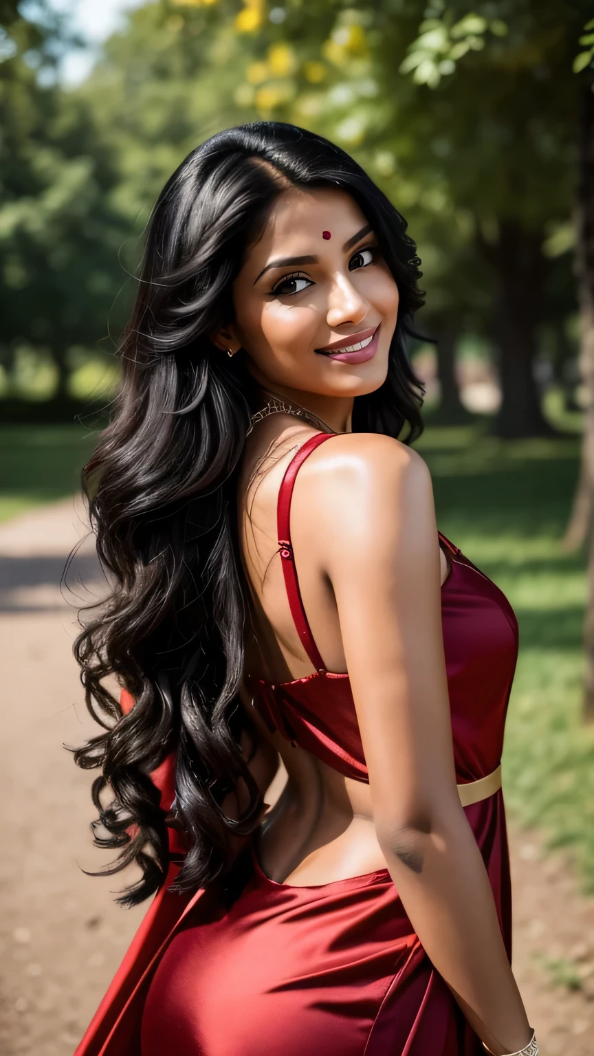 Realistic full body photo of smiling black haired Indian woman with long hair, She dances in front of the camera in a long A-line dress with straps made of shiny red satin., Park,glamour fotoshooting, Wedding celebration, perfect anatomy, perfect brown eyes. Perfect hands with 5 fingers on each hand, Matching girl, look into the camera, 1 Frau. (Eye make up:1.1), (highly detailed skin:1.1), spirit, analog style, keen focus, 8K  UHD, dslr, good quality, Fujifilm XT3, Grain, Award-winning, ​masterpiece. Wedding celebration. She stands in the park and looks over her shoulder into the camera. back