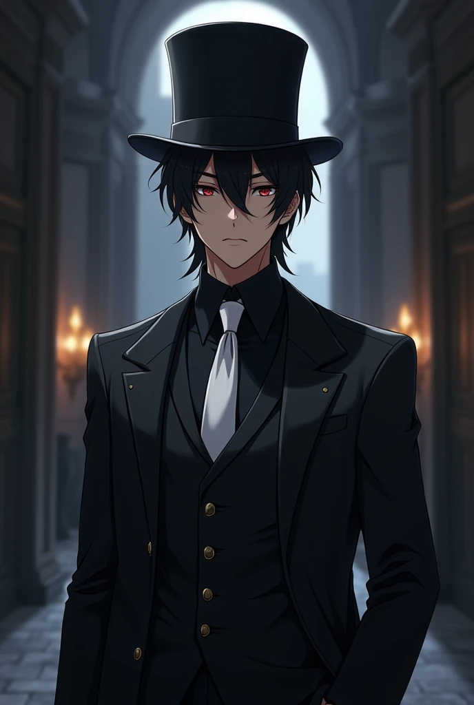 Anime character with a top hat and a fancy suit all black with a white tie