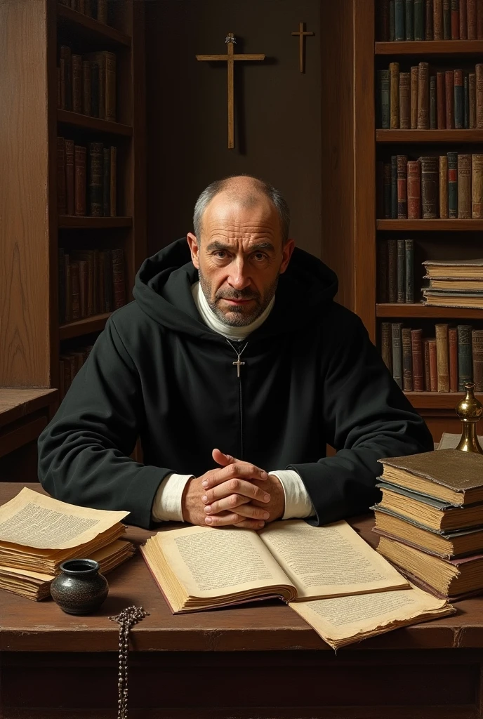 Saint Raymond of Peñafort surrounded by piles of documents and books with an expression of concentration 