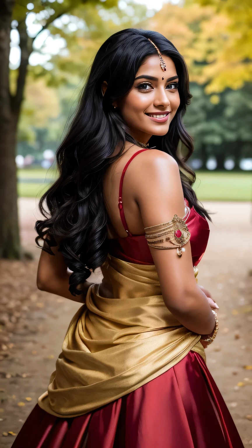 Realistic full body photo of smiling black haired Indian woman with long hair, She dances in front of the camera in a long A-line dress with straps made of shiny red satin., Park,glamour fotoshooting, Wedding celebration, perfect anatomy, perfect brown eyes. Perfect hands with 5 fingers on each hand, Matching girl, look into the camera, 1 Frau. (Eye make up:1.1), (highly detailed skin:1.1), spirit, analog style, keen focus, 8K UHD, dslr, good quality, Fujifilm XT3, Grain, Award-winning, masterpiece. Wedding celebration. She stands in the park and looks over her shoulder into the camera. back