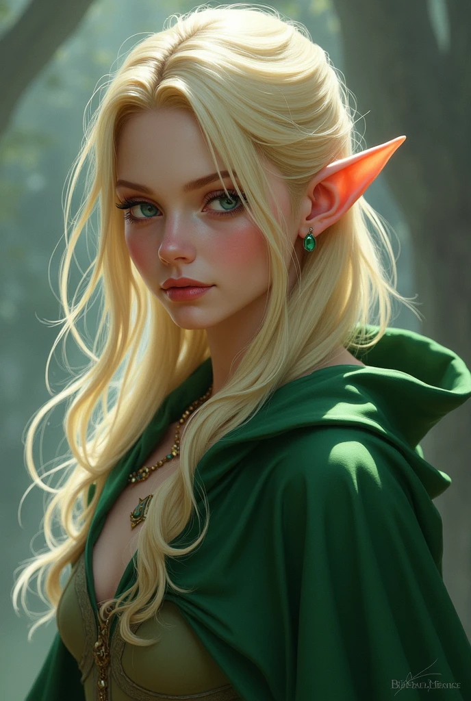 Blonde elf with green cape covering her ears, blue eyes, chin length hair
