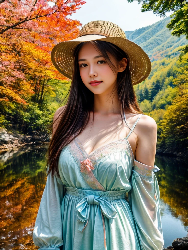 ((tmasterpiece:1.4, best qualtiy，Faraway view:1.4)), (ultra - detailed)+,(watercolor paiting:1.2),((Cute 1girl，Straw hat，blossoms，Light cyan hair，long whitr hair，Aqua blue eyes，medium breasts，full body, Keep your mouth shut，Smiling,(Pink China Goddess Fashion:1.3),Shoulders exposed，Bow knot，Side angle)),Autumn landscape，The leaves are yellow，maple trees，eventide，riverbank，lake reflection，The sky is full of color，Orange-red sunset，The afterglow diverges，Big Mountain，Far Mountain，contours，Scenic beauty，(Warm light source:1.2), (the woods，Bare branches:1.2)（Very detailed CG unification，8k wallpaper），（The best picture quality），(illustratio：1.0）、intricately details, Epic composition、Realistic lighting、high definition detail、(Beautiful wildlife and natural wonders，With glowing lights)