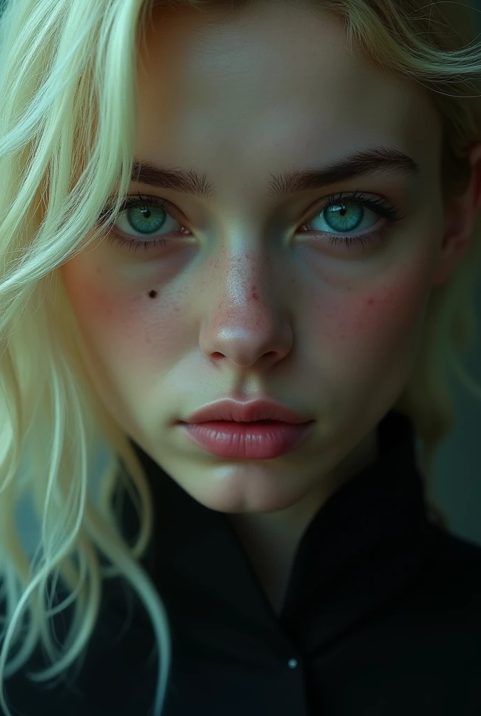 mole under eye, emerald eyes, blonde hair, mole under eye, purple eyes, one eye closed, hair over one eye, from below, super detail, best quality, highres, textured skin, 4K, super detail, best quality, highres, textured skin, 4K
