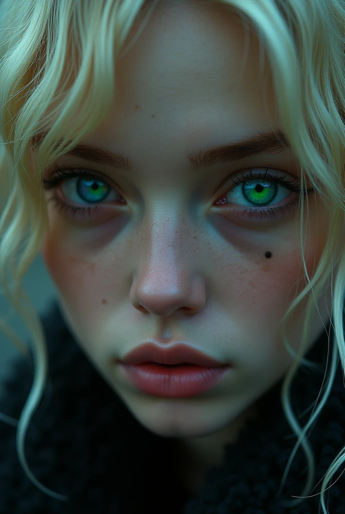 mole under eye, emerald eyes, blonde hair, mole under eye, purple eyes, one eye closed, hair over one eye, from below, super detail, best quality, highres, textured skin, 4K, super detail, best quality, highres, textured skin, 4K