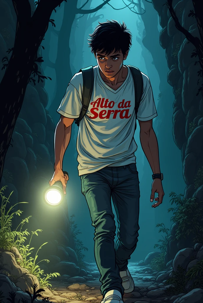 Comic book style image, Man 20 years old, black hair with honey brown eyes, slightly defined body a white shirt with Alto Da Serra written in red, holding a flashlight in his hand looking for something, de corpo inteiro, kind of dark academia style 