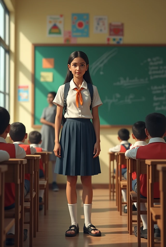 Indian school girl standing on the bench one boy looking the girl . Suddenly come the teacher