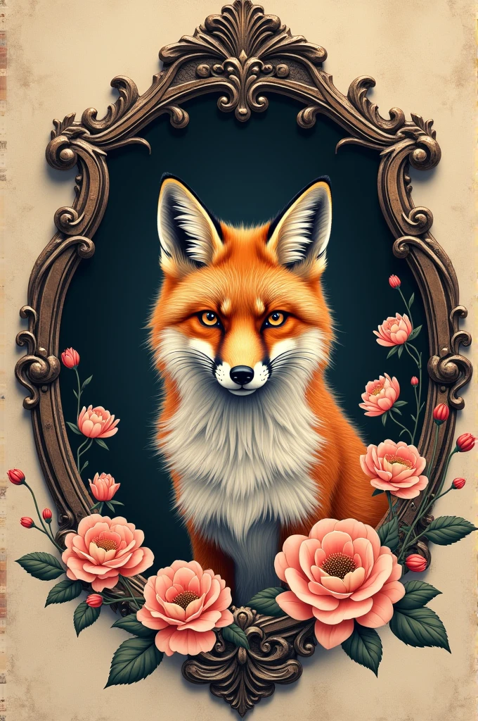 A Japanese fox inside an antique mirror frame, with oriental flowers in sensual black work tattoo style