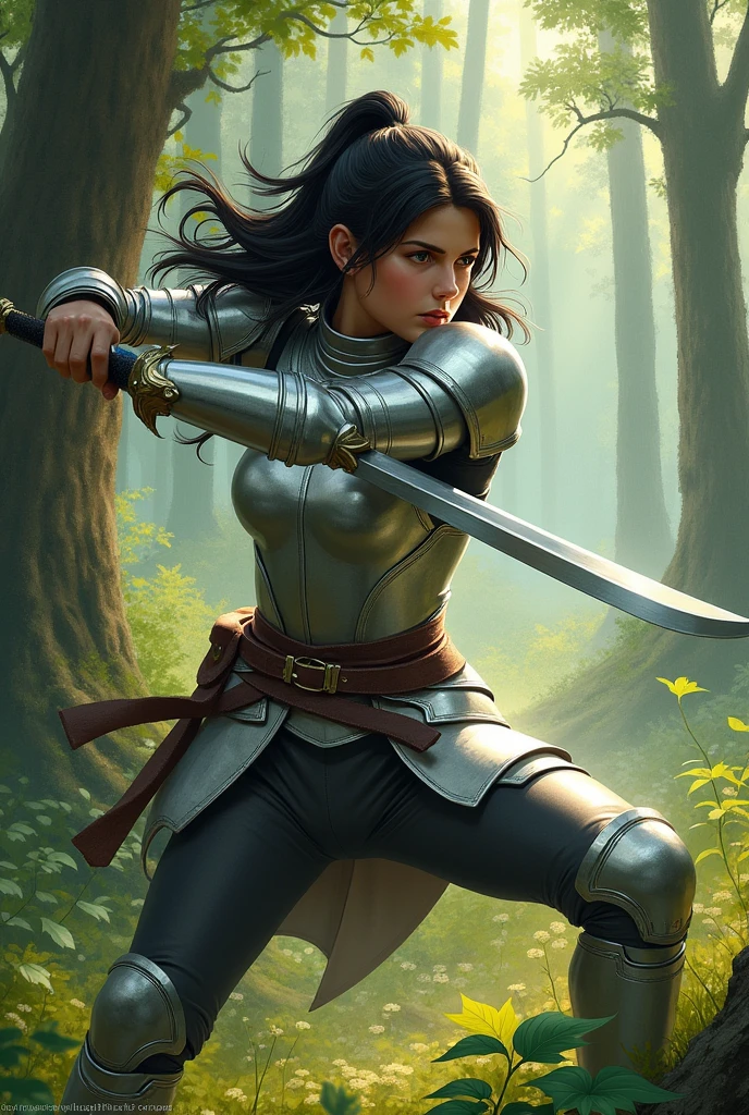 /imagine prompt: A digital painting of the same young female warrior in silver armor, now in a dynamic pose, mid-swing with her sword. She is in the same serene forest setting, with tall ancient trees and soft light. The warrior's long black hair flows with her movement, her face showing determination. Background remains the same, with a subtle green glow and detailed foliage. Created Using: high-detail brushwork, Renaissance painting style, motion blur effects, warm color palette, realistic texture, dynamic lighting, high-resolution render --ar 2:3 --v 6.0