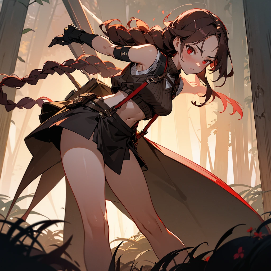 1female, sexy, young adult, finely detailed red eyes, wild long hair, braided hair, dark brown color hair, adventurer gear, suspenders, sleeveless crop top sweater, baggy combat skirt, night time, dark forest, somber expression, flowers, blushing, standing on path, lanturns, black armband, mma gloves