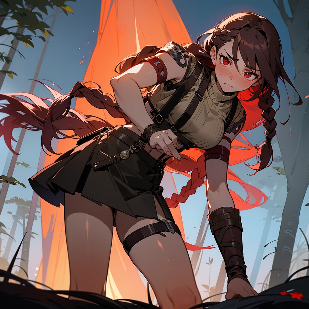 1female, sexy, young adult, finely detailed red eyes, wild long hair, braided hair, dark brown color hair, adventurer gear, suspenders, sleeveless crop top sweater, baggy combat skirt, night time, dark forest, somber expression, flowers, blushing, standing on path, lanturns, black armband, mma gloves