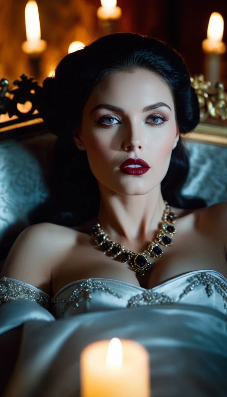 A cinematic shot frames the Countess's coffin, dimly lit by flickering candles casting an eerie glow. The camera captures her peerless beauty, seemingly sleeping peacefully, with no shadow on her porcelain skin. However, closer inspection reveals her voluptuous breasts not rising and falling, and her rosy complexion surprisingly cold to the touch. The lens zooms in on her face, showcasing parted lips revealing two sharp fangs, as if beckoning for a kiss. The Countess's bewitching form is bathed in an otherworldly aura, hinting at her immortal nature as a seductive and terrifying vampire., professional, vivid colors, perfect anatomy, ideal facial features, ideally proportioned figure, perfectly beautiful body, super detailed skin, glossy skin, glistening skin, fresh white skin, Glamor, soft and curvy, body conscious, indoors, The burial chamber of an ancient castle, a luxurious coffin lined with crimson velvet carpet, lying, upper body shot, Straight-on shot, Portrait, black long hair, Forehead, arched eyebrows, double eyelids, Closed eyes, Eyelashes, nose, nostrils, full lips, dark lipstick, glossy lips, (A slightly open whispering mouth, teeth, vampire fangs), neck, collarbone, cleavage, huge breast:1.3, shallow depth of field, entirety of sharp focus, vignette, highly detailed, high budget, bokeh, cinemascope, moody, epic, gorgeous, film grain, grainy, masterpiece, incredibly absurd resolution, absolutely resolution, ultra high resolution,