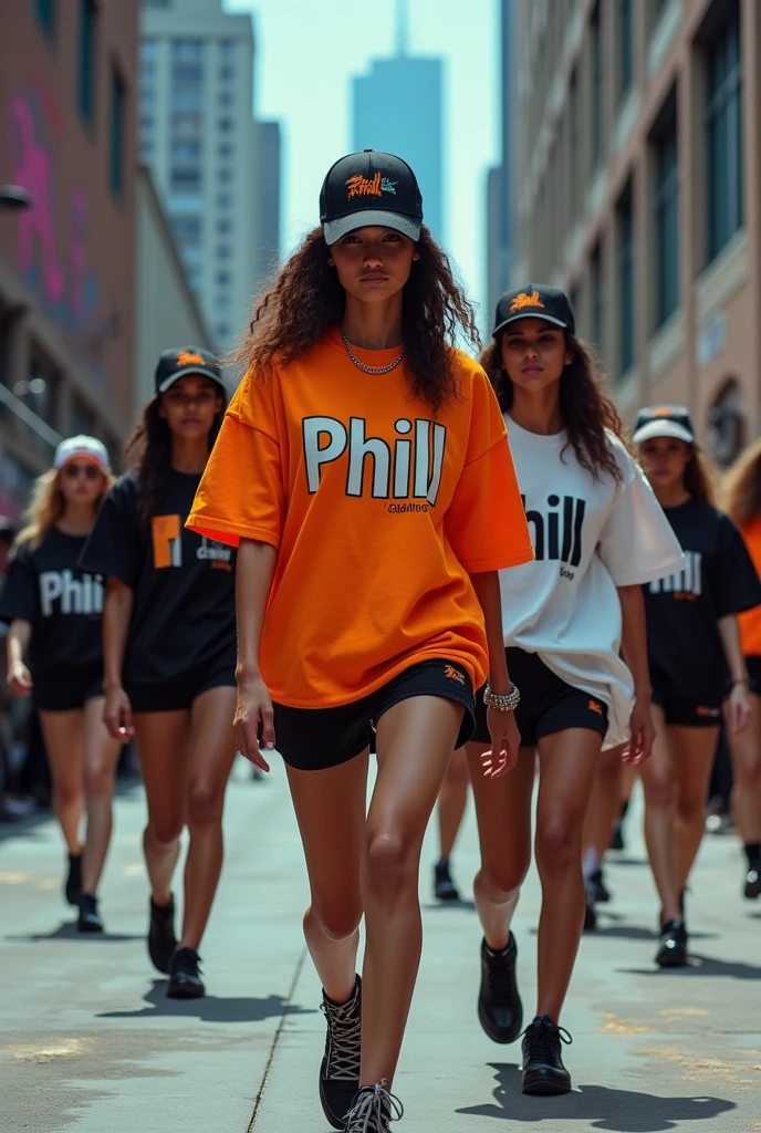 create a streetwear fashion show scenario and the models wearing plain oversized t-shirts with the words phill cltg written on them, all models with hat and shorts written phill
