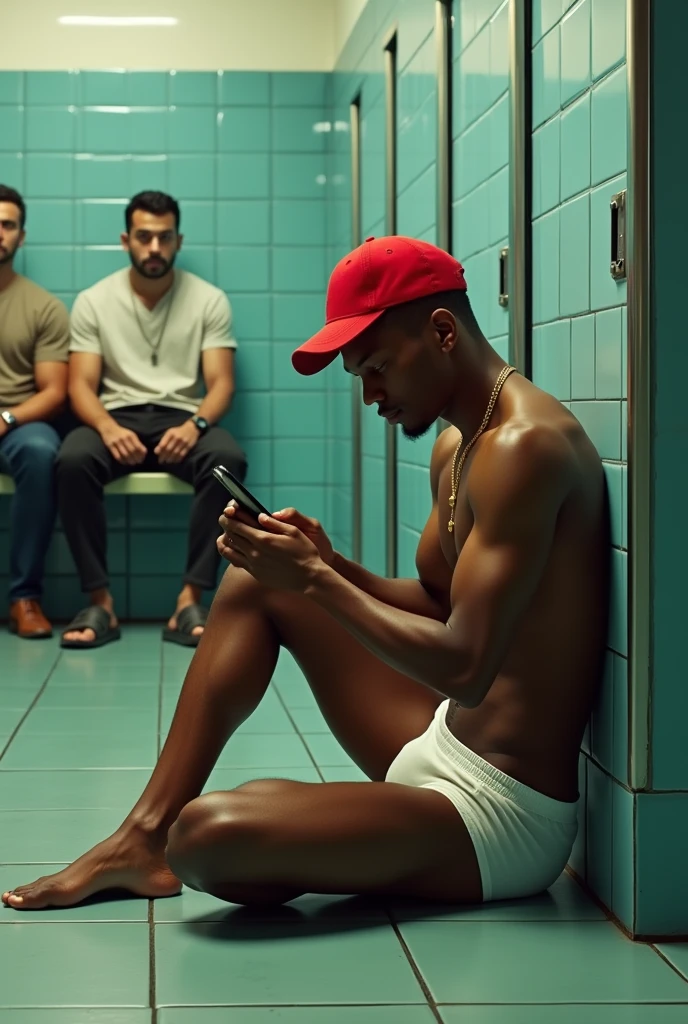 Skinny, muscular, mixed race gas station attendant sitting on the bathroom floor in white underwear, red cap and discreet gold chain around the neck, Looking at cell phone, being watched by two men sitting on the bench.