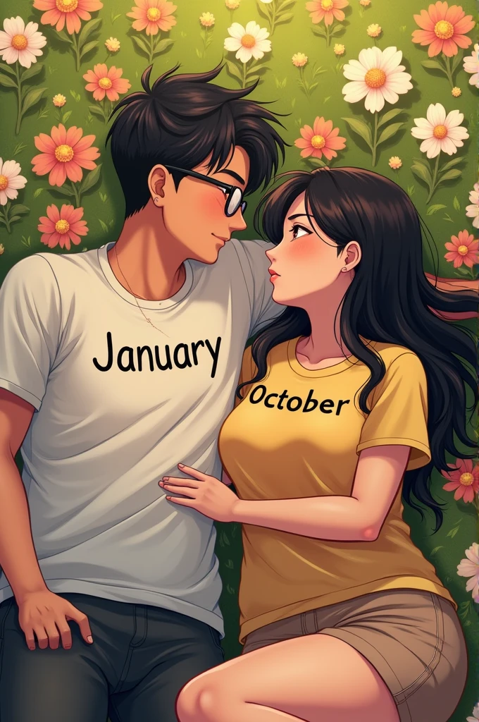 ((best quality)), ((masterpiece)), (detailed), perfect facecreat a ai image of a romantic anime couple lying on beautiful flower and grass looking each others eyes.where the men wearing glasses with January written t shirt.and the chubby girl eith thick thighs wearing October written t shirt with balck medium long weavy hair.full frame image.