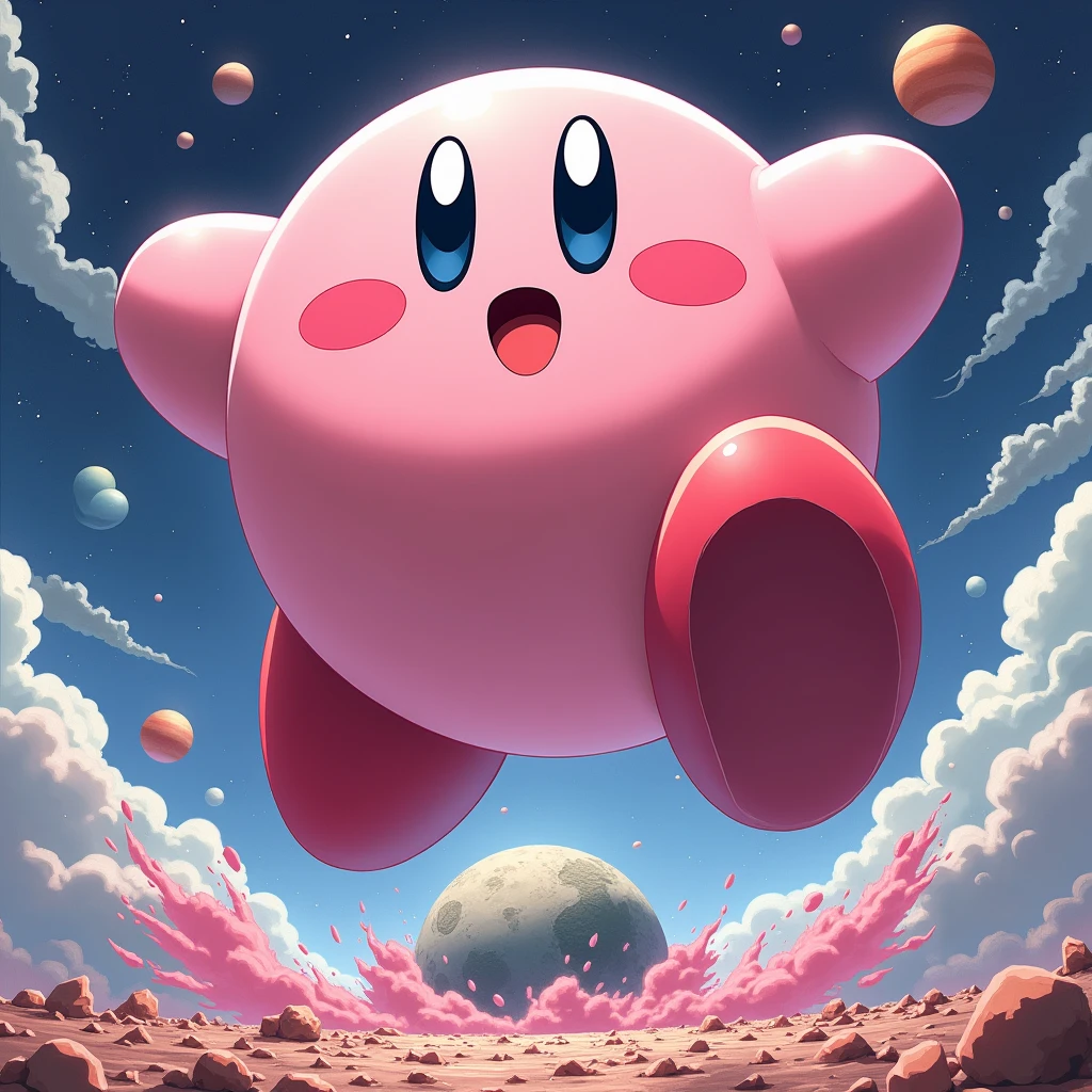 huge星之卡比、masterpiece、best quality、huge、huge星之卡比的脚、Smile、Round pink body、Lovely、Anime Illustrations、一个太阳系中的月球在脚下被huge星之卡比摧毁、Low Angle、Walk、A looming、I can see my feet、Draw a Kirby with great fanfare、huge星之卡比、huge卡比、Destroyed Earth、Destroyed Mars、Kirby is floating above the moon in the solar system in the universe、Destructive illustration,ass facing me,Releases a large amount of pink gas