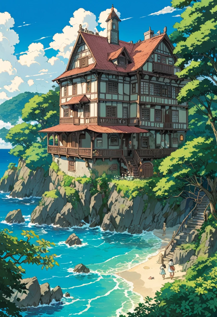 Studio Ghibli-style anime movies, Movie stills, Highest quality, masterpiece, Representative works, Official Art, Professional, Super intricate details, 8k, Fantasy,You can see the ocean from the old house