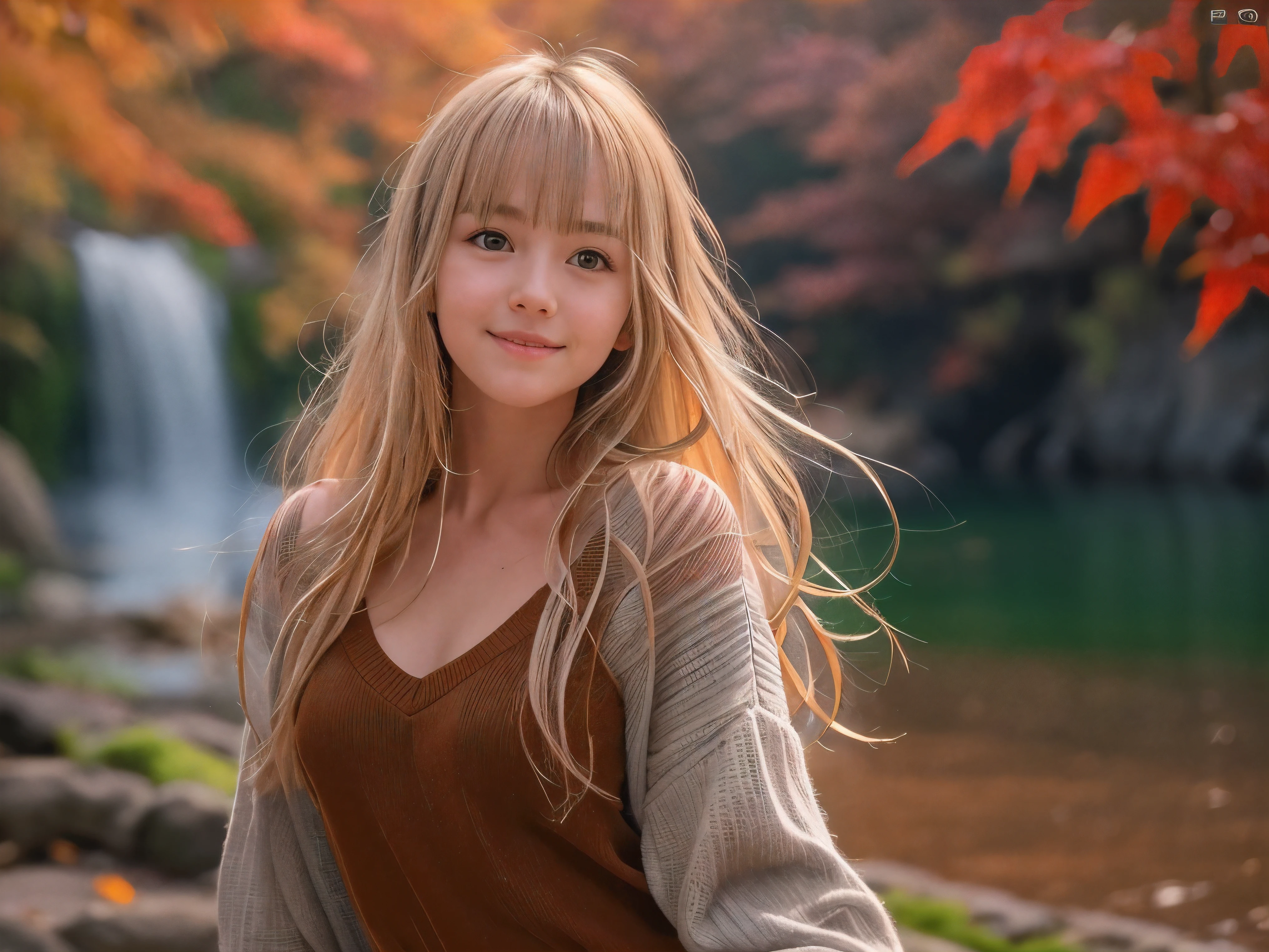 (Close up face shot of one slender small breasts half up blonde long hair with bangs girl in a long sleeves shirt and sweater and skirt:1.5)、(One blonde hair girl is dancing with small smile on the dart road near the lake and big waterfall in Japan:1.5)、(Beautiful autumn red leaves landscape:1.5)、(Natural light:1.5)、(8k ultra detailed master piece:1.5)、(perfect anatomy:1.5)、(Photorealistic stick:1.5)、(Raw photo:1.3)、(highest quality:1.5)、(High resolution:1.3)、(Delicate and beautiful perfect face:1.3)、(Delicate and beautiful eye air skin:1.3)、(Real Human Skin:1.3)、((thin legs))