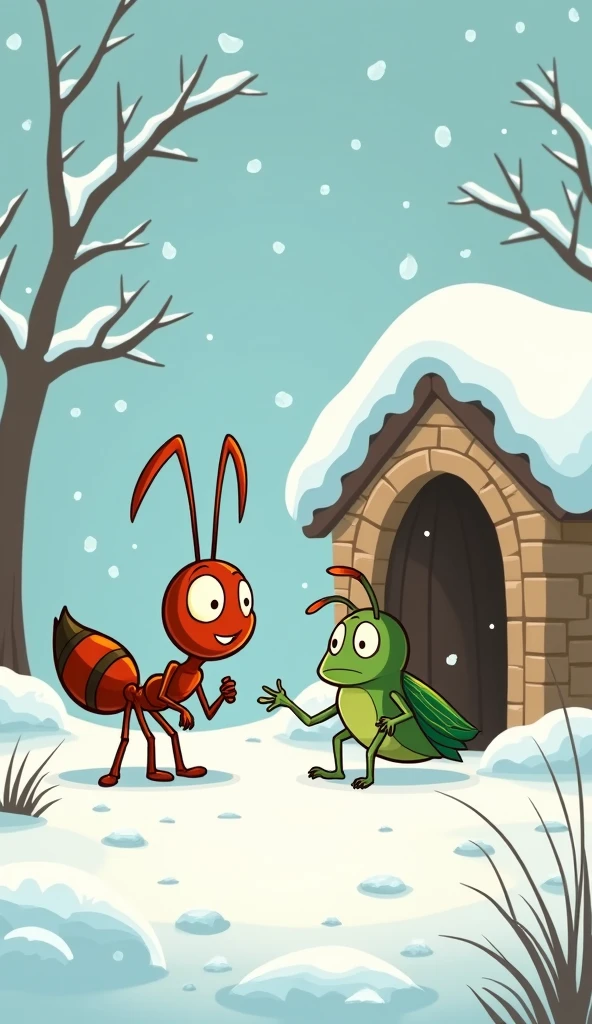 Snow falls, covering the meadow. The ant is inside its warm home, while the grasshopper is outside, shivering.
The grasshopper, looking desperate, knocks on the ant's door.
Show as cartoons
