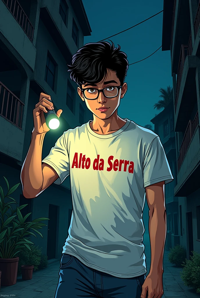 Comic book style image, Man 20 years old, black hair with honey brown eyes wearing glasses, slightly defined body a white shirt with Alto Da Serra written in red, holding a flashlight in his hand looking for something, de corpo inteiro, kind of dark academia style