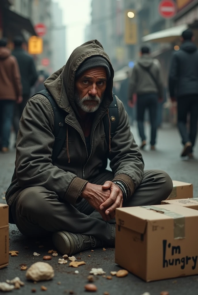 foreground:1.4, hands of a humble person begging for alms sitting on the ground, between cardboard boxes:1.5, dirty hands, clothes and clothing ,busy street, people walking down the street, without paying attention to the person asking for money, dramatic scene, cinematic lighting, sign with the text I'm hungry.