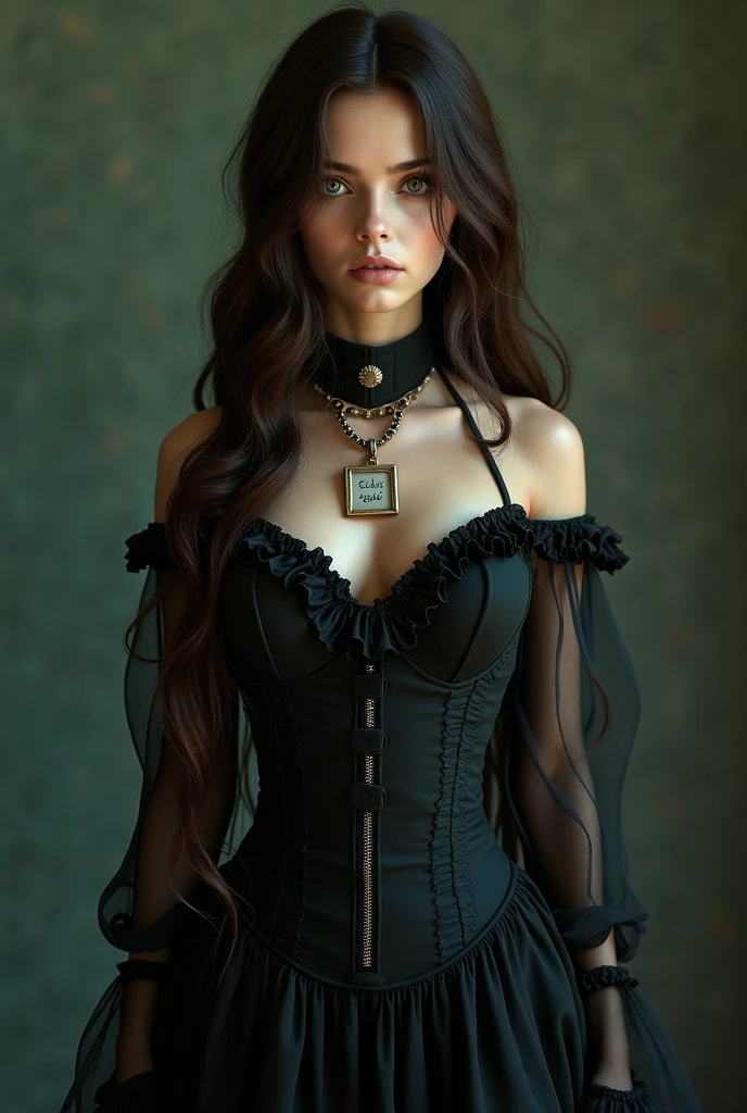 Dark brown hair, long victorian dress from 19th century, long gair, deep brown right eye, light green left eye, b cup boobs, slim body, woman, 1, 155cm tall, small ass, slim but round face, hairless body, freckless, full body, front, collar with nametag, collar with chain.
