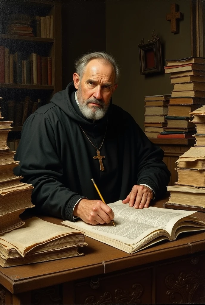 Saint Raymond of Peñafort surrounded by piles of documents and books with an expression of animated concentration