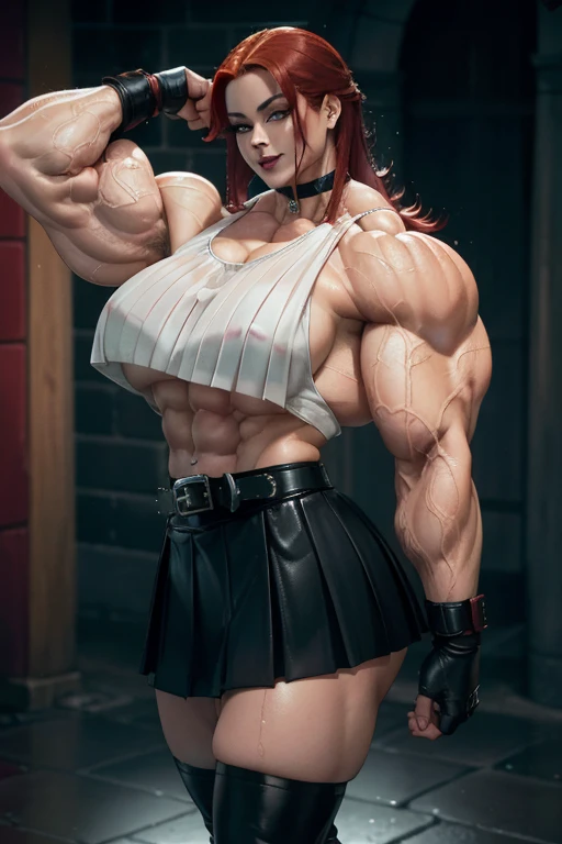 ((Close-up)), tall, (wet red hair) beautiful wet muscular asian woman, long har, pale white skinned, large breast, closed smile, (black lipstick), (massive muscles), (hyper muscle), ((ginormous bulky muscles)), yellow eyes, (((black leather top))), (((black leather pleated skirt with belt))), (fingerless gloves), choker, boots, in a dark raining street,