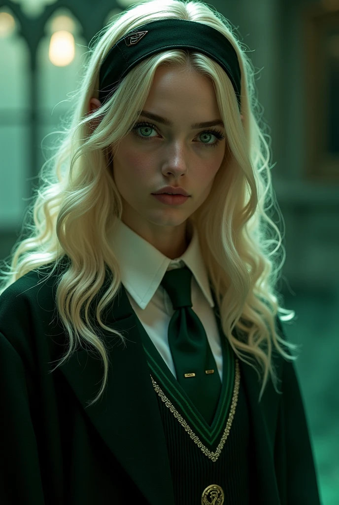elle a une peau d'ivoire, des yeux verts émeraudes, un regard méchant, de longs cheveux blonds plates avec des boucles anglaises accessoirisé d'un serre tête noir, et elle porte un uniforme de serpentard