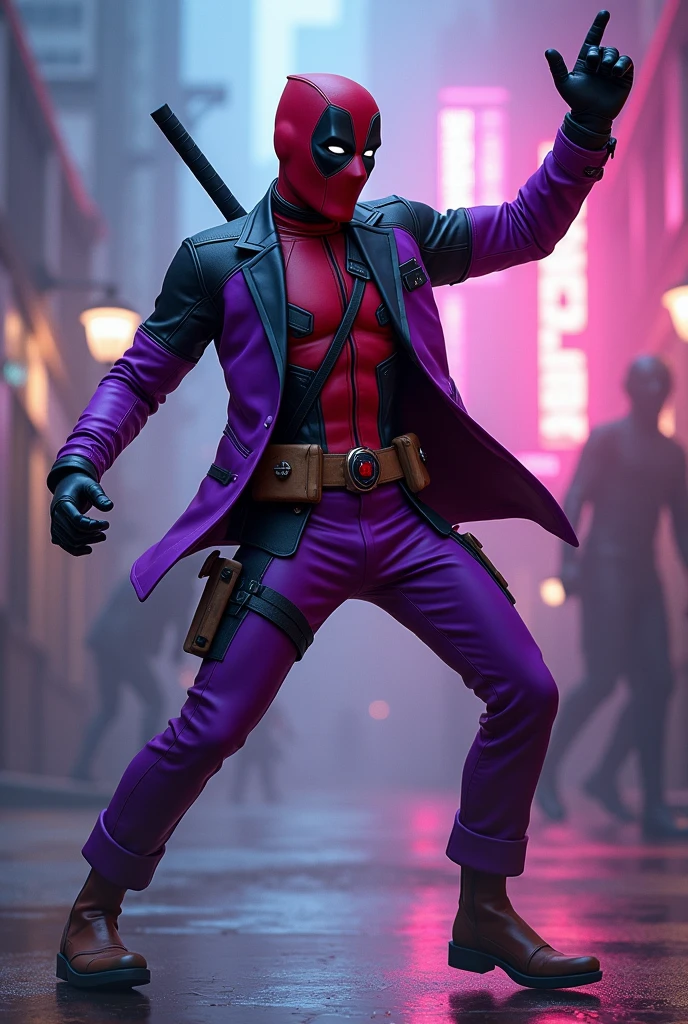 Deadpool dancing in purple suit
