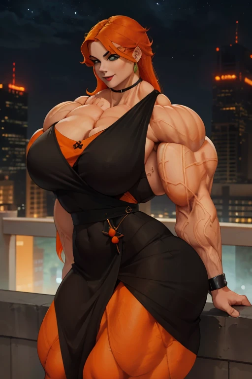 (((Close-up))), tall, (orange hair) beautiful muscular woman, long shaggy hair, pale white skinned, closed smile, large breast, (black lipstick), (massive muscles), (hyper muscle), (ginormous bulky muscles), green eyes, (((long orange wrap dress))), bracelets, choker, high heels, on the rooftop at night,